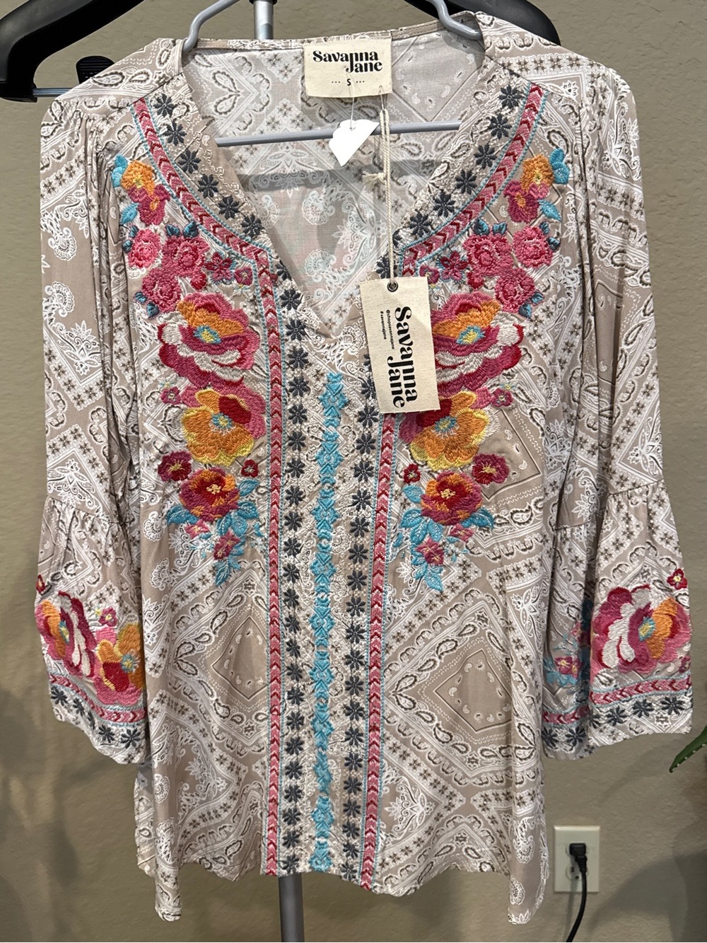 Savanna Jane Neutral Embroidered Tunic Blouse with Floral Embroidery